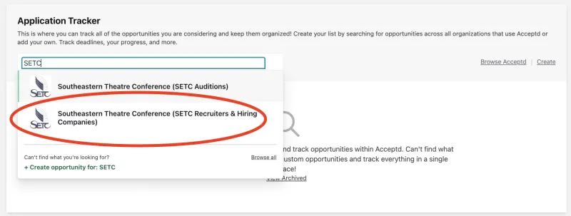 Searchin for SETC in Acceptd, with the Recruiter and Hiring Companies option circled in red